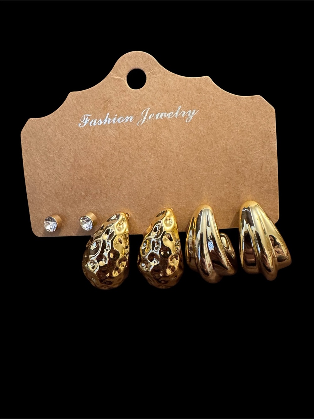 Gold Earring Set 3 Pairs Studs Hoops Textured Chunky Trendy NWOT